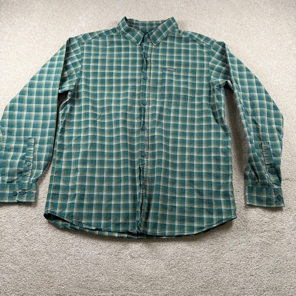 Columbia Mens Large Green Plaid Long Sleeve Button Down Hiking Shirt 2284